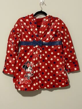 Disney Store Deluxe Minnie Mouse Rain Jacket Red Blue Polka Dot Coat Size 9/10